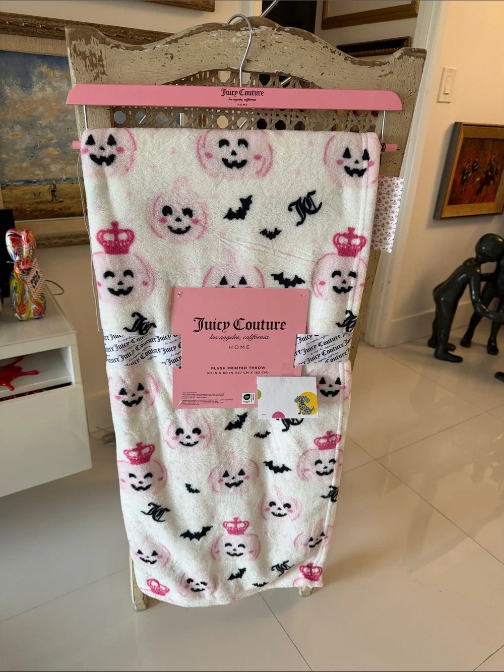 Juicy Couture Halloween  White Plush Throw with Pink Pumpkin & Black Bat Motifs